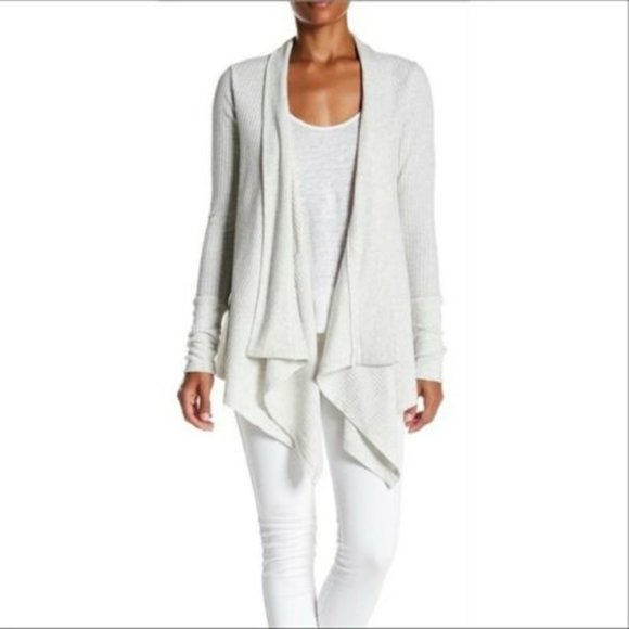 SWEET ROMEO Gray Waffle Waterfall Cardigan Pockets! Large EUC! - Picture 1 of 8
